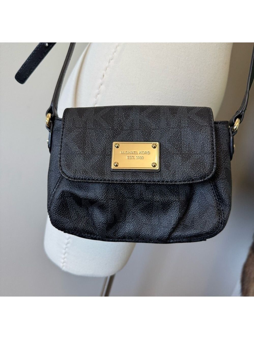 Michael Kors Black  and Gray Canvas Crossbody Bag with Gold Details